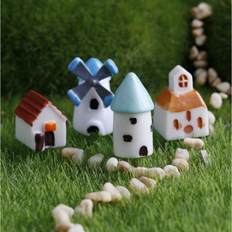 Set 4 mô hình thu nhỏ hình cối xây gió/nhà thờ/ngôi nhà/lâu đài trang trí cho sân vườn dễ thương
