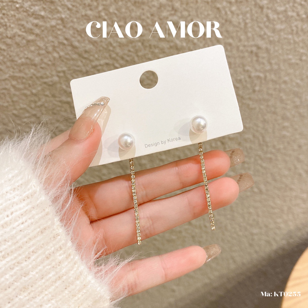KT0255-Khuyên tai nữ, Bông tai dài bạc 925 dây đính đá hạt ngọc Trang sức Ciao Amor