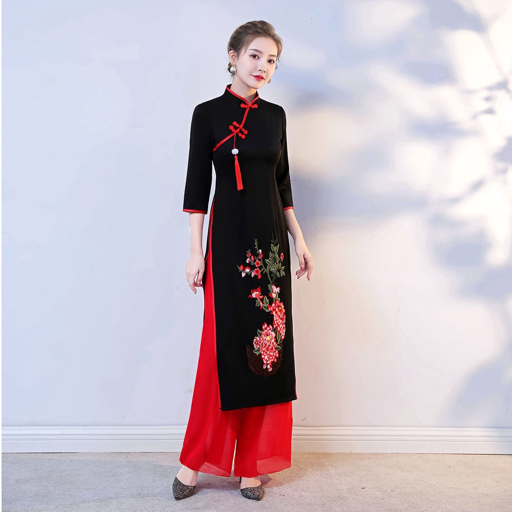 Phiên bản cải tiến của áo dài Việt Nam sườn xám quần ống rộng hai mảnh, catwalk phong cách Trung Quốc, trang phục dài, t