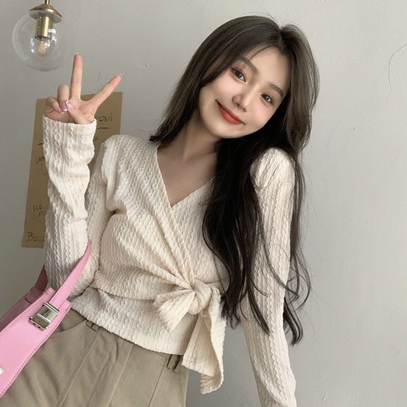 （35-65KG）Áo thun tay dài cổ chữ V phong cách ngọt ngào mới cho nữ | BigBuy360 - bigbuy360.vn