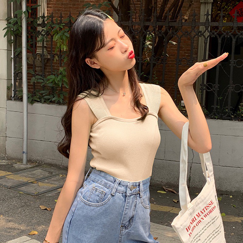 Áo không tay dệt kim thiết kế cổ vuông thanh lịch | BigBuy360 - bigbuy360.vn