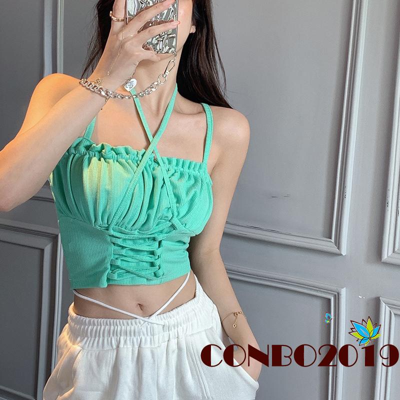 Áo hai dây Cổ Thuyền Hở Rốn Màu Trơn Thời Trang Gợi Cảm Cho Nữ