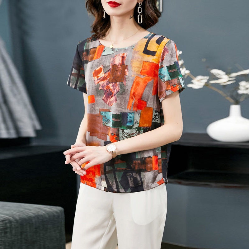 Áo Thun Lụa Lạnh Tay Ngắn Dáng Rộng Thời Trang Mùa Hè Cho Nữ