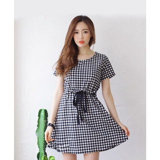 Đầm Caro Thắt Dây Eo Thời Trang