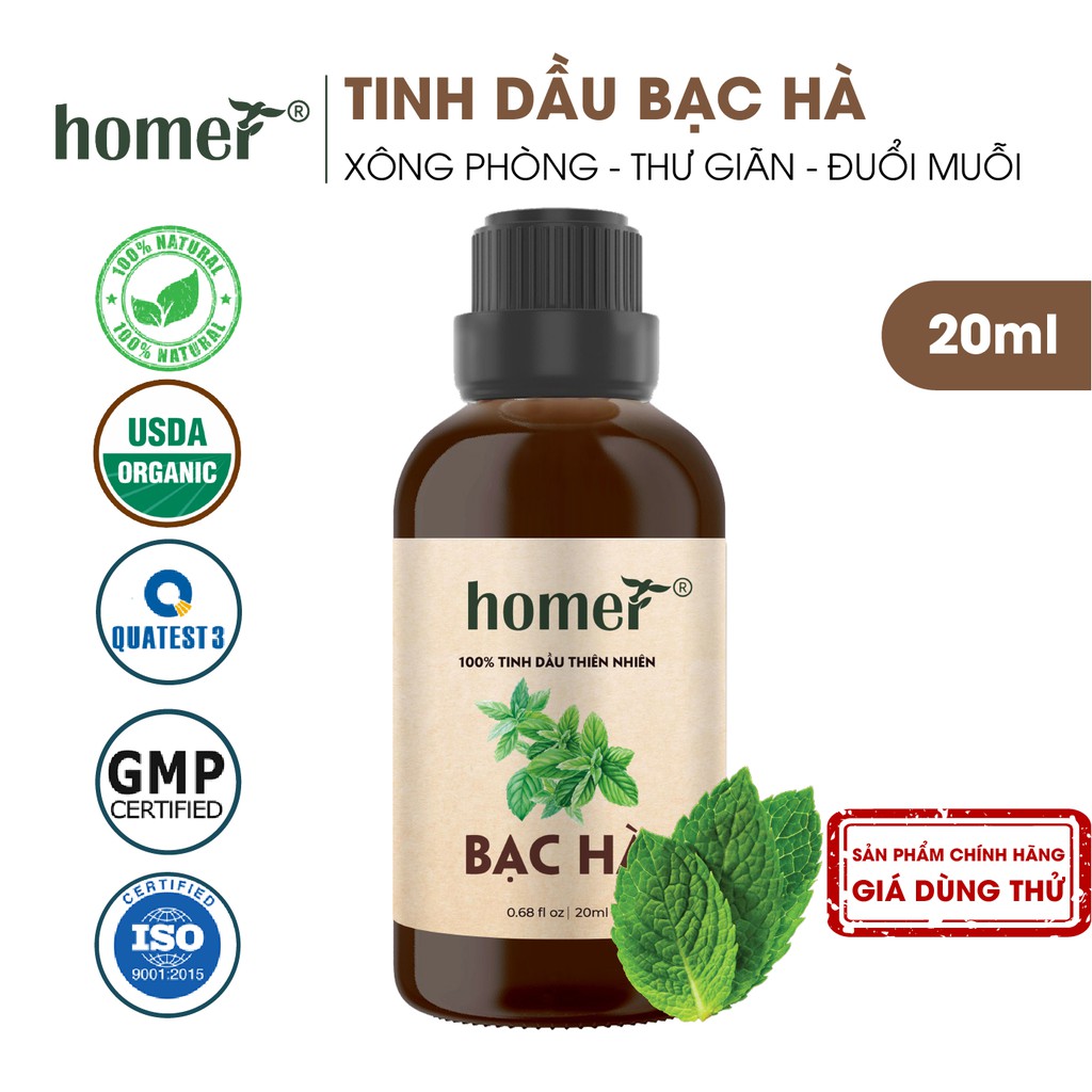 Tinh dầu Bạc Hà Ấn Homer 20ml/100ml - Peppermint Essential Oil - đạt chuẩn chất lượng kiểm định