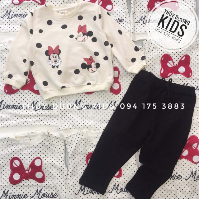 Bộ nỉ dày Zara Minnie chấm bi và mickey nắm tay màu hồng xuất dư cho bé gái