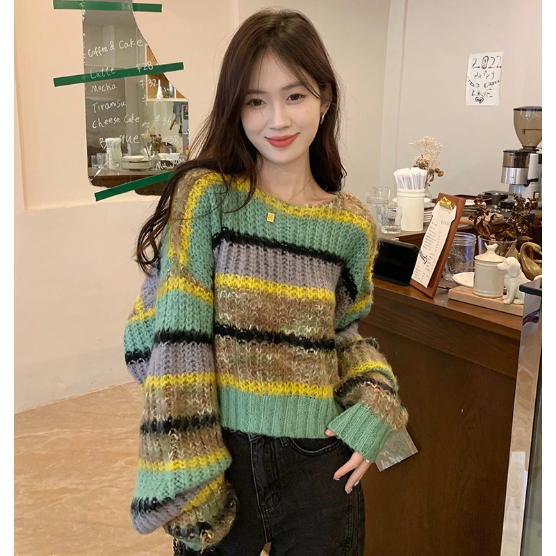 Áo Dệt Kim Tay Dài Kẻ Sọc Màu Tương Phản Thời Trang Mùa Thu Dễ Phối Đồ Cho Nữ