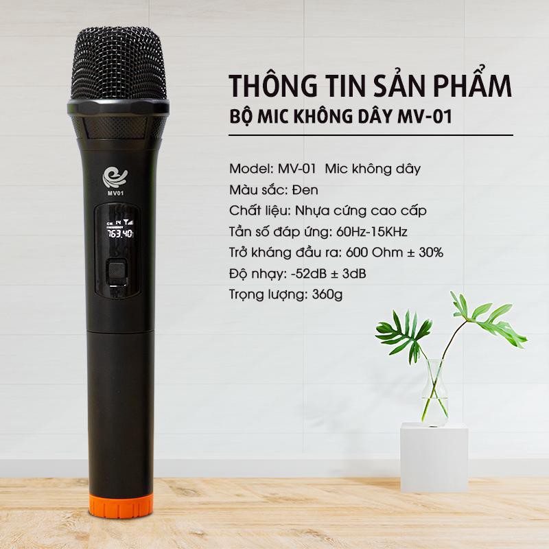 Micro không dây, mích hát karaoke MV01, chuyên dành cho mọi loa kéo, âm ly, tần số 50, hát nhẹ và êm