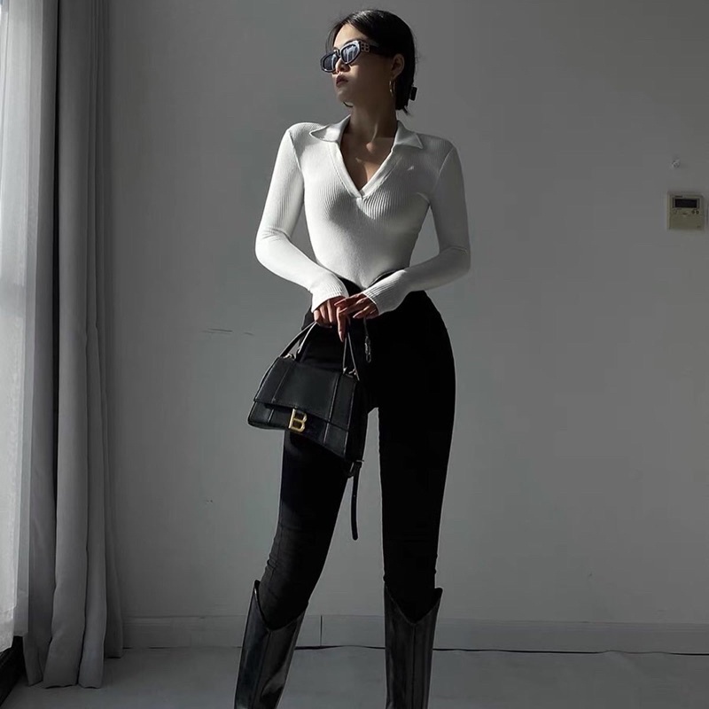 ✽℗Bodysuit cổ polo tay dài thun gân len | BigBuy360 - bigbuy360.vn