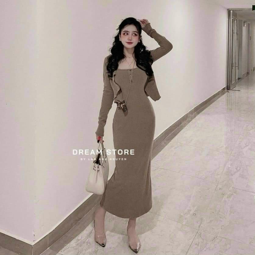 [Sale sốc 50%] Set 2 món đầm suông dáng dài siêu xinh, tôn dáng đẹp, phối kèm khoác ngoài dài tay ngắn tà