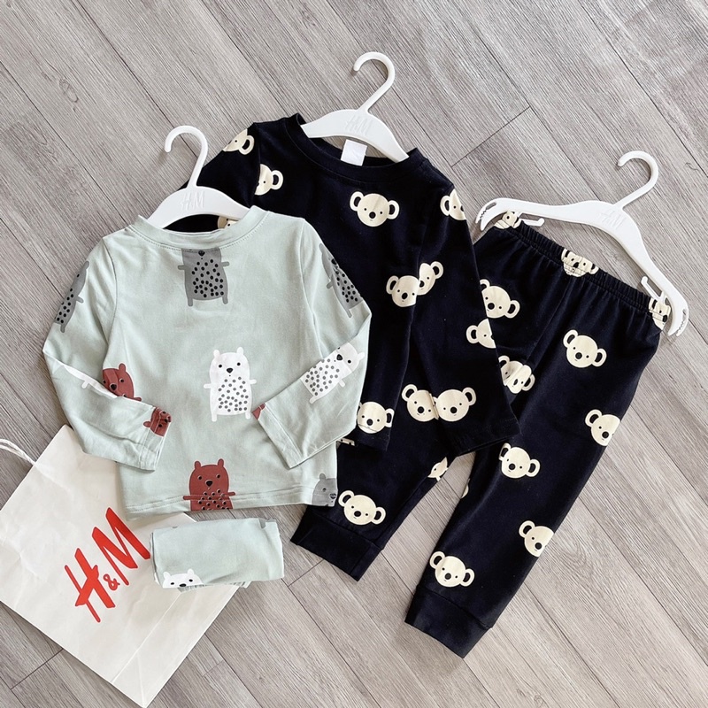 Combo 2 bộ cotton dài tay in hình gấu cho bé trai bé gái, bộ thu đông trẻ em mặc nhà đi hoc xanh đen màu trầm xinh xắn