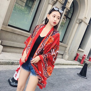 Khăn choàng boho đi biển (Khăn choàng thổ cẩm đỏ) - Mã LN002