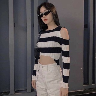 Adorable áo tay dài sọc đen trắng freesize 🥰🥰🥰