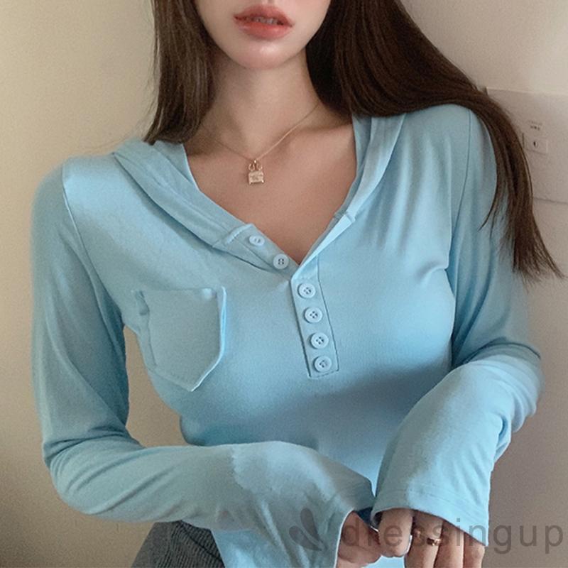 Áo tay dài màu trơn hở rốn thời trang cho nữ