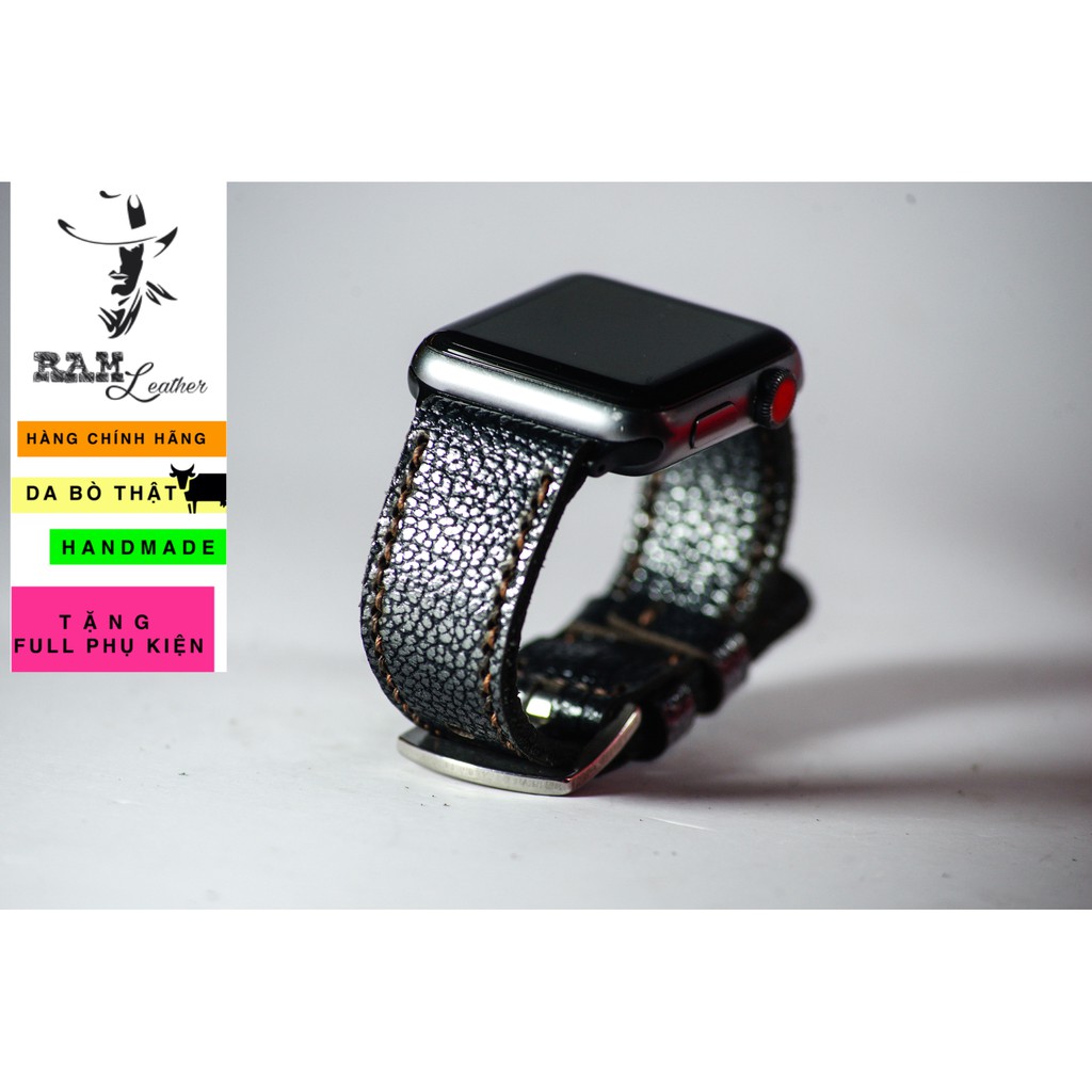 Dây Apple Watch , iWatch , iphone Watch da bò vân cá mập vintage RAM Leather classic 1956 đen thép