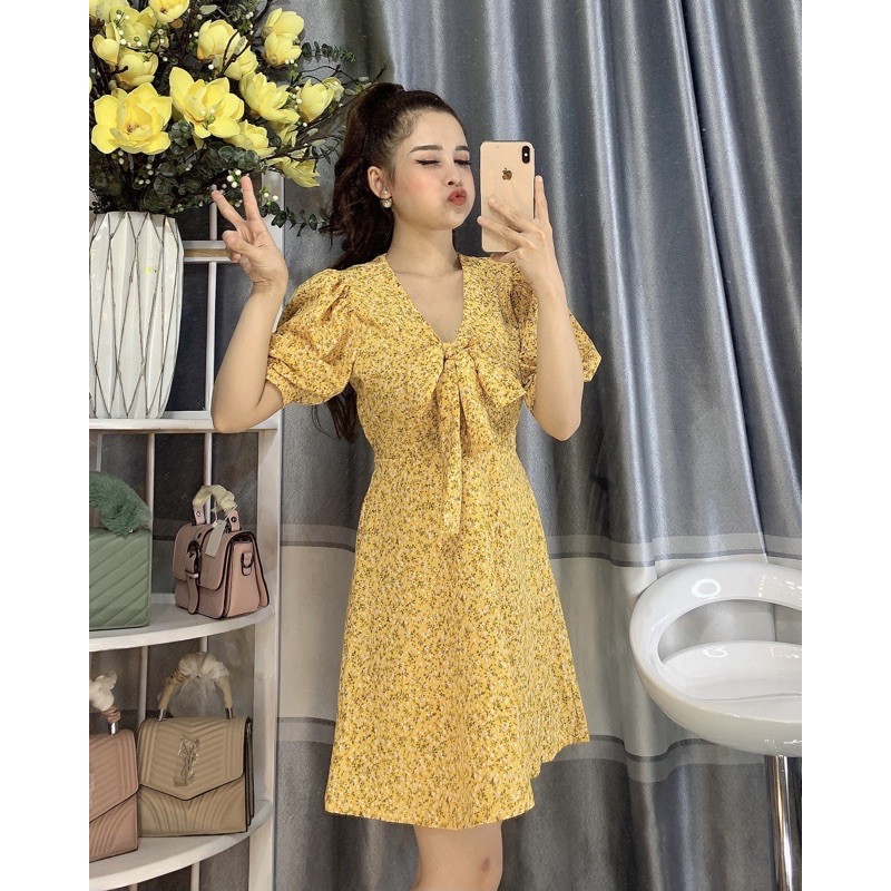 Váy hoa thắt nơ tay phồng có video sản phẩm