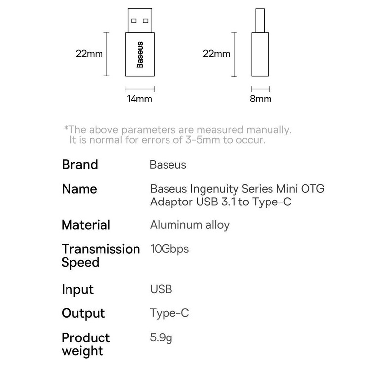Đầu chuyển OTG USB to Type-C 10Gbps Baseus Ingenuity Series Mini OTG Gen 2