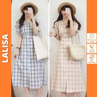 Đầm Caro Tay Phồng LALISA Thiết Kế Dáng Dài Suông Hai Dây Thắt Eo Hợp Đi Chơi Dự Tiệc Cưới Đẹp Hai Màu Xanh Hồng VD046