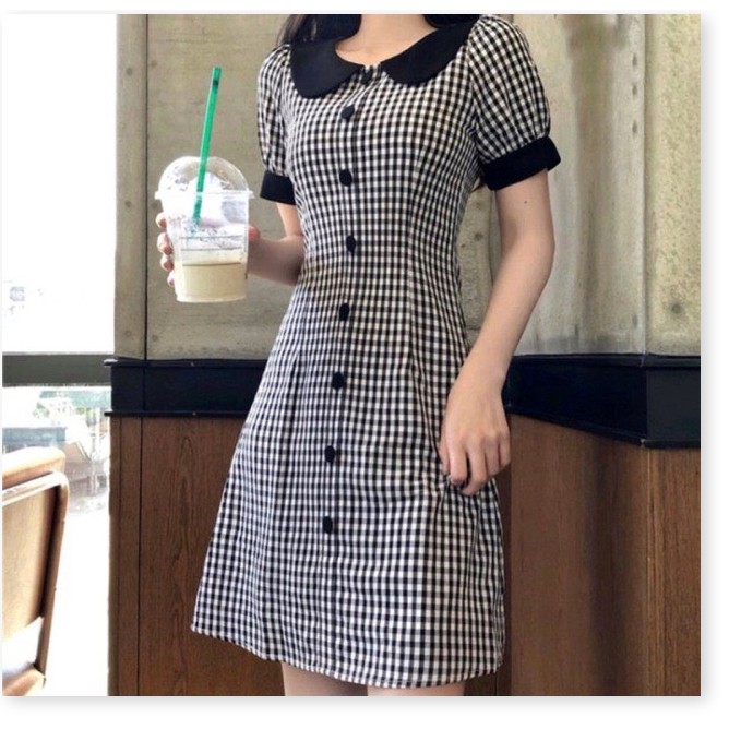 ĐẦM SUÔNG NỮ CARO PHỐI CỔ BÈO TAY BỒNG NHẸ THANH LỊCH TIỂU THƯ CỰC XINH