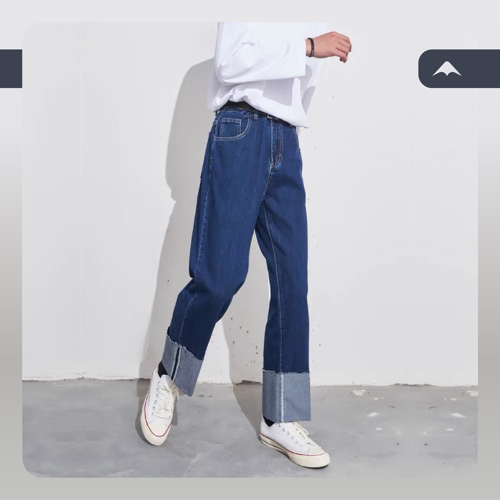 Quần jeans ống rộng sắn gấu Thomas MARTIAN cạp cao có cúc ống suông unisex cá tính quần bò denim Hàn Quốc QJXG01 | BigBuy360 - bigbuy360.vn