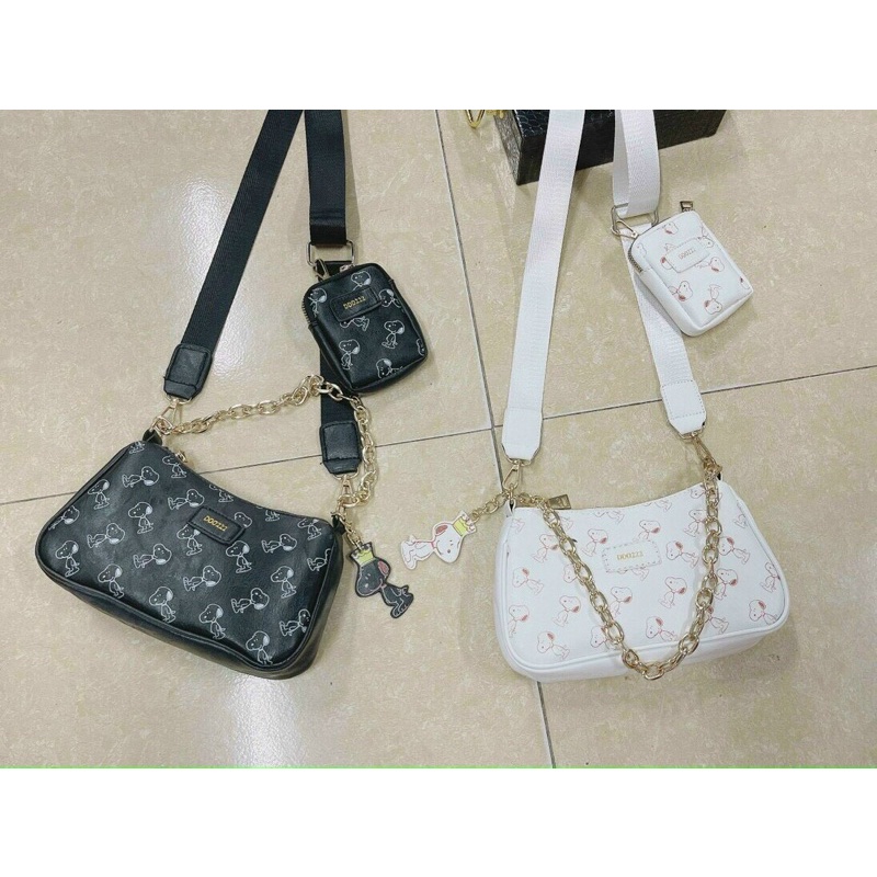 Túi Xách Nữ - Túi Đeo Chéo Snoopy In Họa Tiết Tặng Kèm Túi Nhỏ Và Móc Cheo Chó, Có Dây Xích Đeo Kẹp Nách