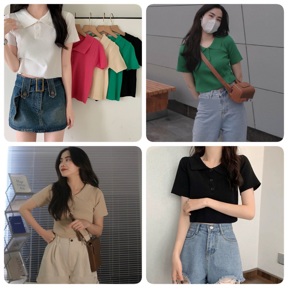 Áo Croptop Nữ Chất Len Dệt Kim Tay Ngắn Hàng Quảng Châu Cao Cấp Ailee