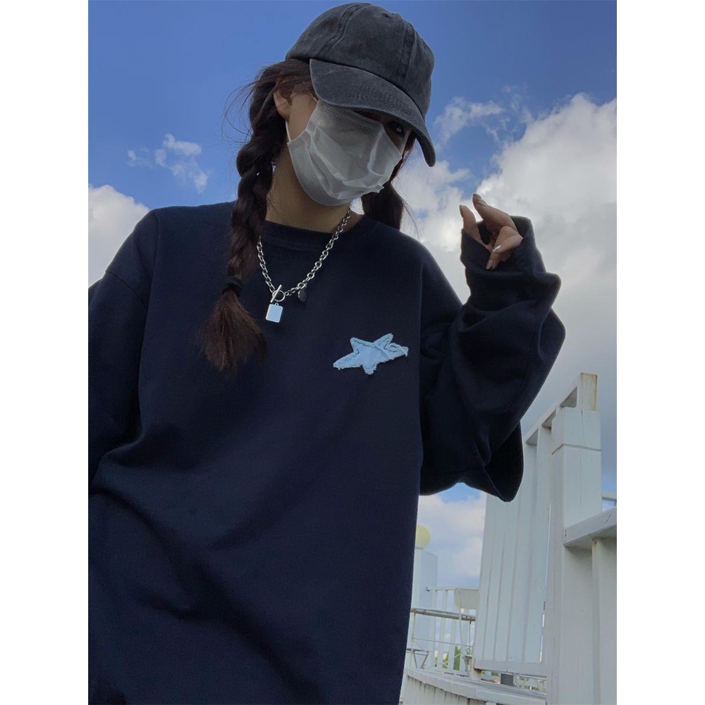 Aqiu 'S Shop ins Áo Thun Sweatshirt Tay Dài Giả Hai Mảnh Giặt Rửa Được Phong Cách Mới Mùa Thu 2022