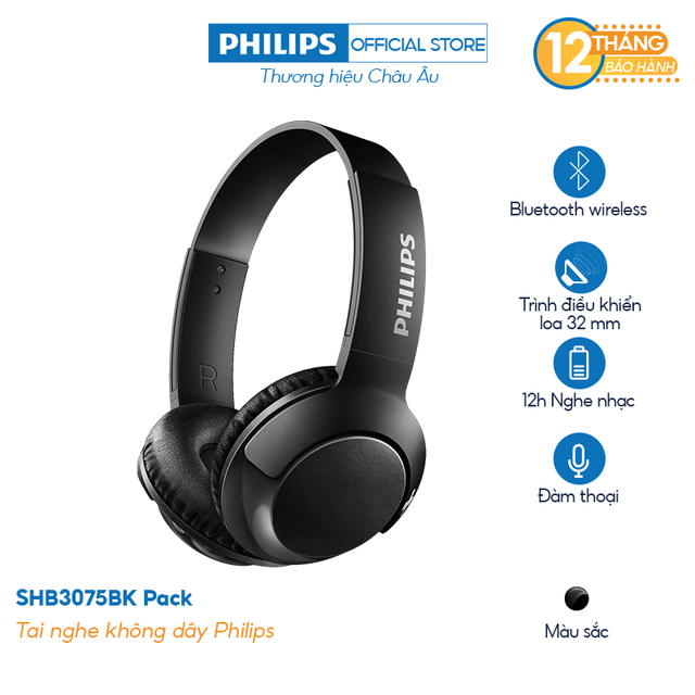 [Mã 267ELSALE hoàn 7% xu đơn 300K] Tai nghe không dây Philips SHB3075BK/00 (Đen) - Chính Hãng