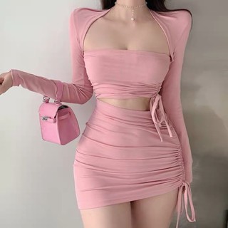 Set đầm ôm body hở eo rút dây Ulzzang(sẵnđen Hồng )