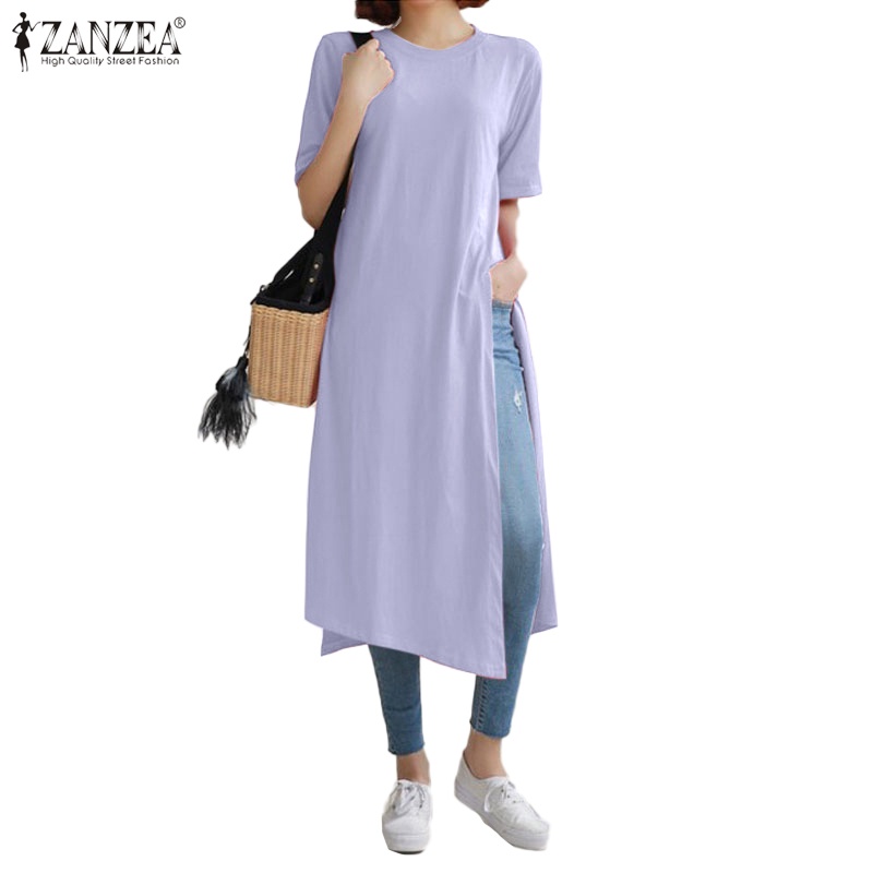 ZANZEA Áo Thun Nữ Tay Ngắn Cổ Tròn Xẻ Tà Thời Trang