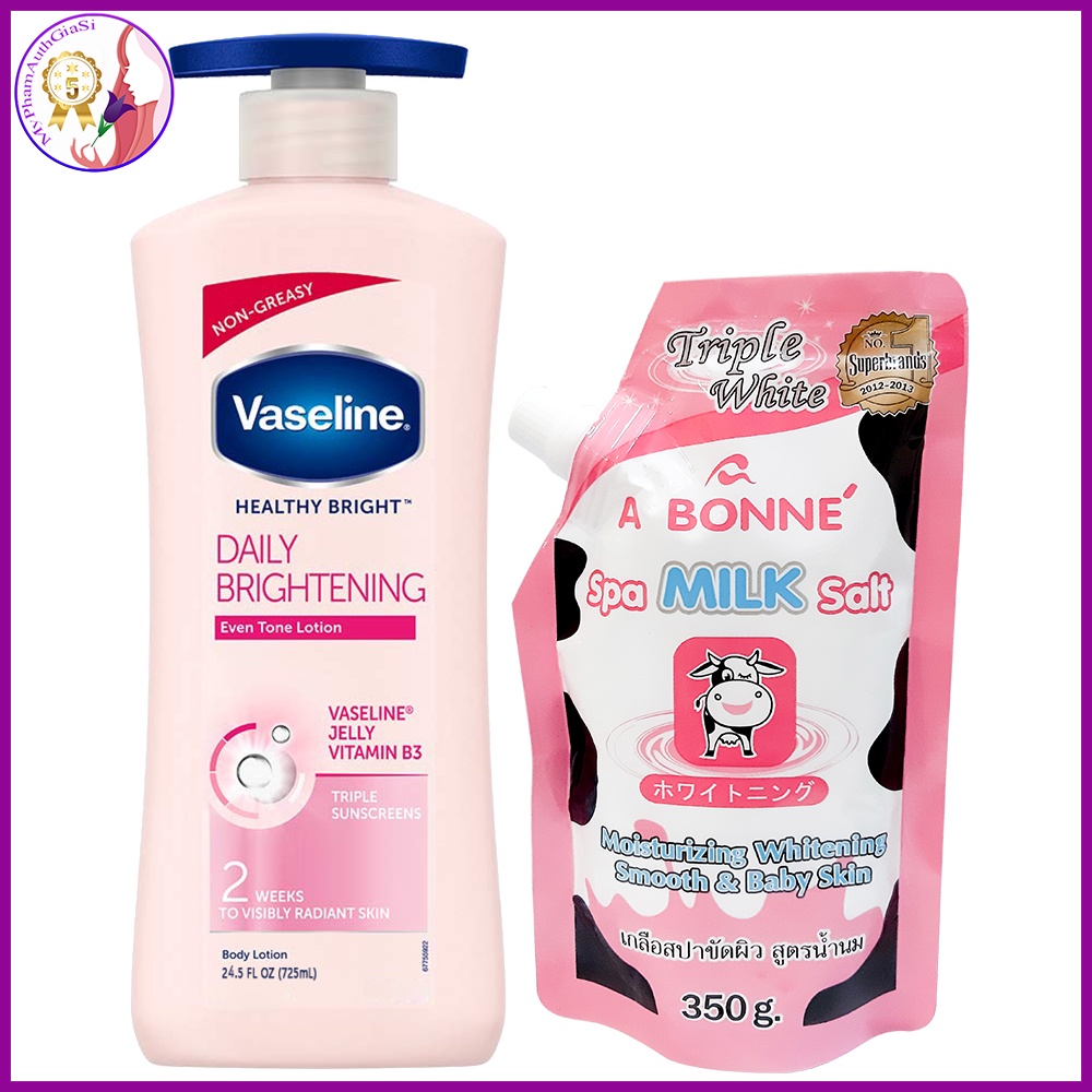 Dưỡng thể vaseline + kem dưỡng snow white secret key + muối tẩy tế bào chết a bonne (combo)