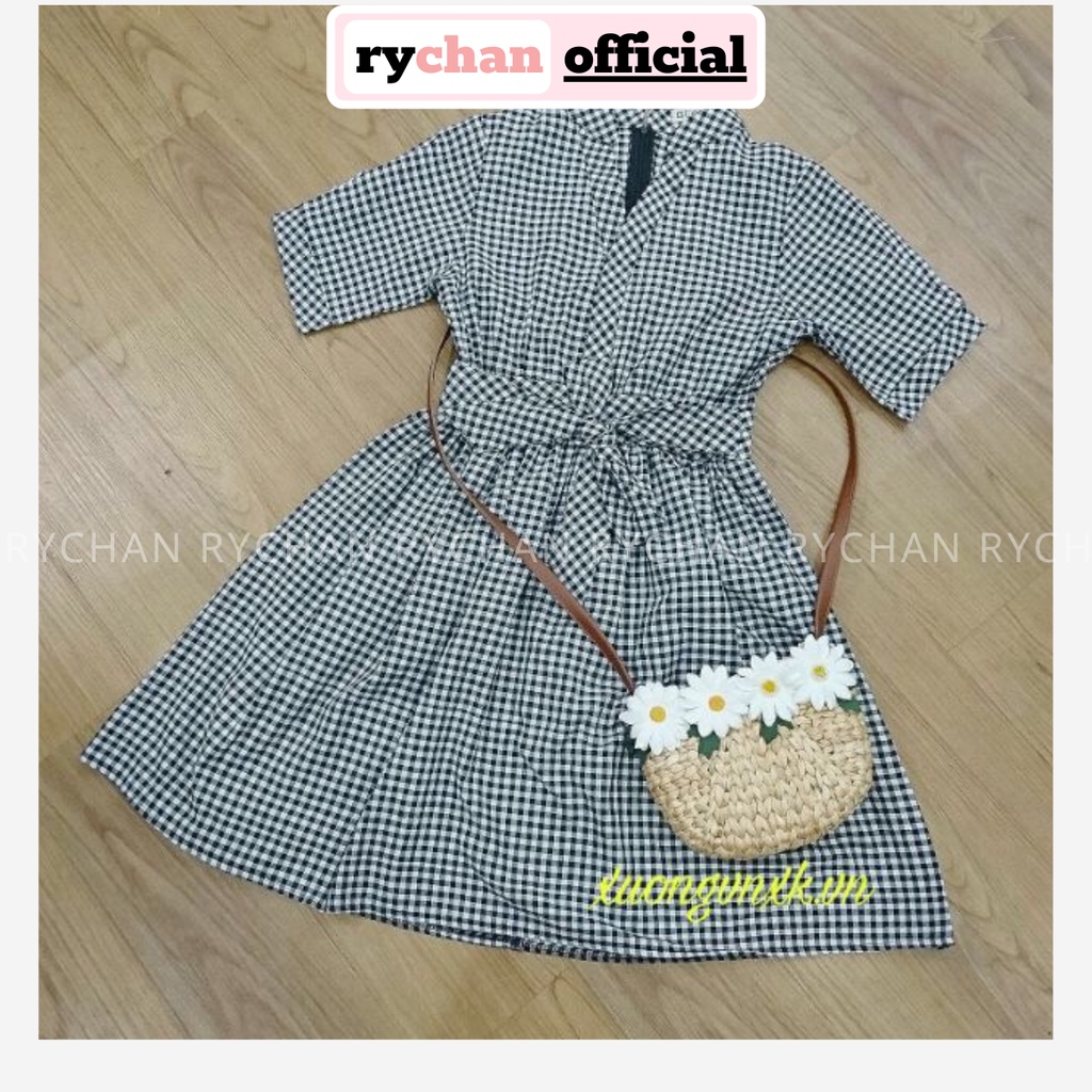 DX636 - Đầm Xòe Caro Cổ Trụ Cột Eo