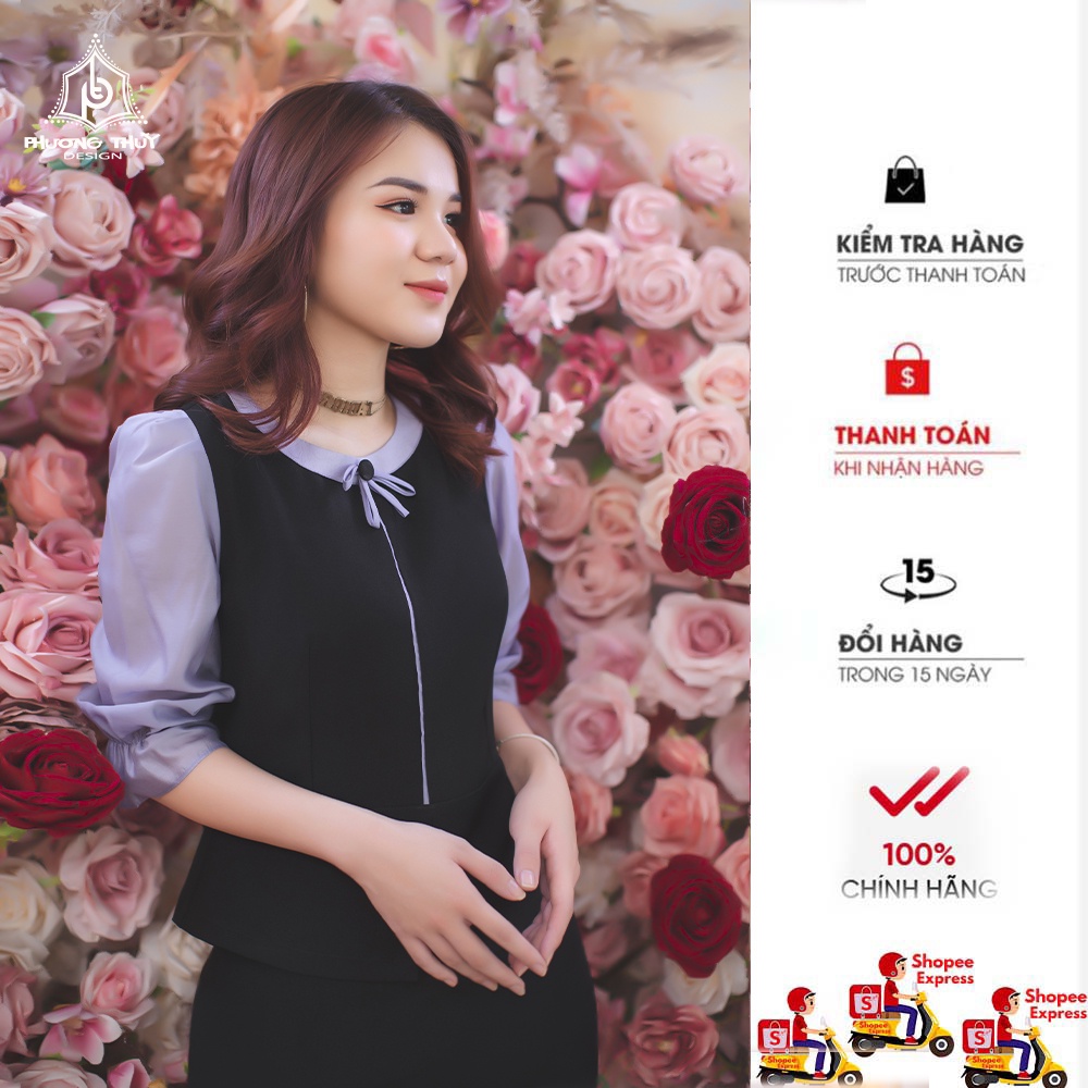 Set bộ công sở Aó phối tay tơ lụa kết hợp chân váy dáng ôm
