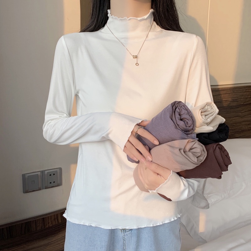 Áo thun tay dài cổ cao màu sắc đơn giản