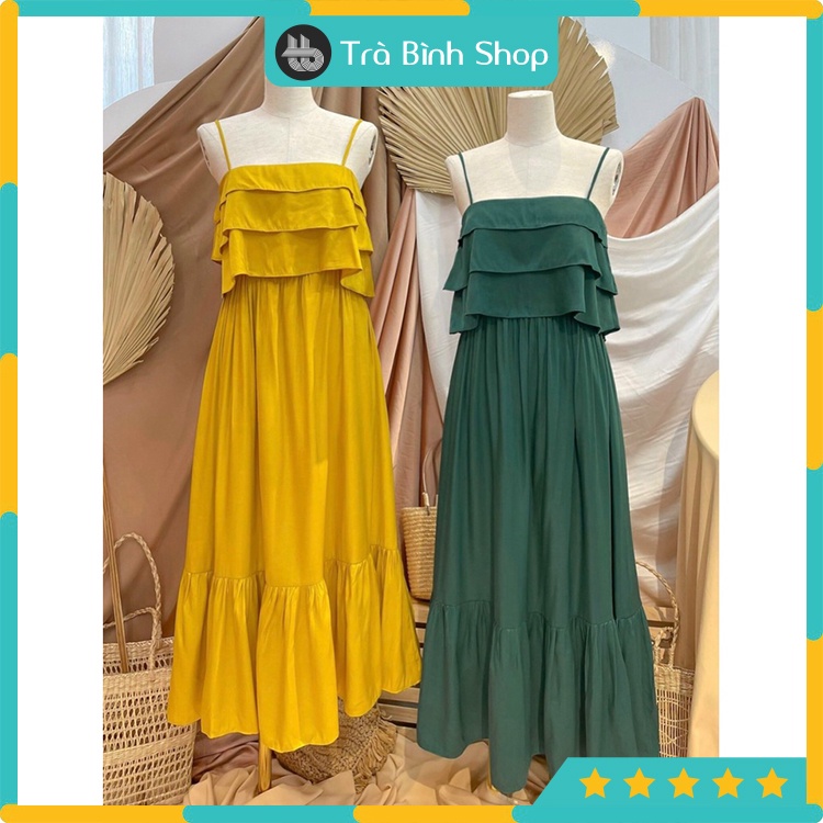 Đầm maxi 2 dây đuôi cá bèo ngực xếp tầng Váy đũi 2s đi biển trendy