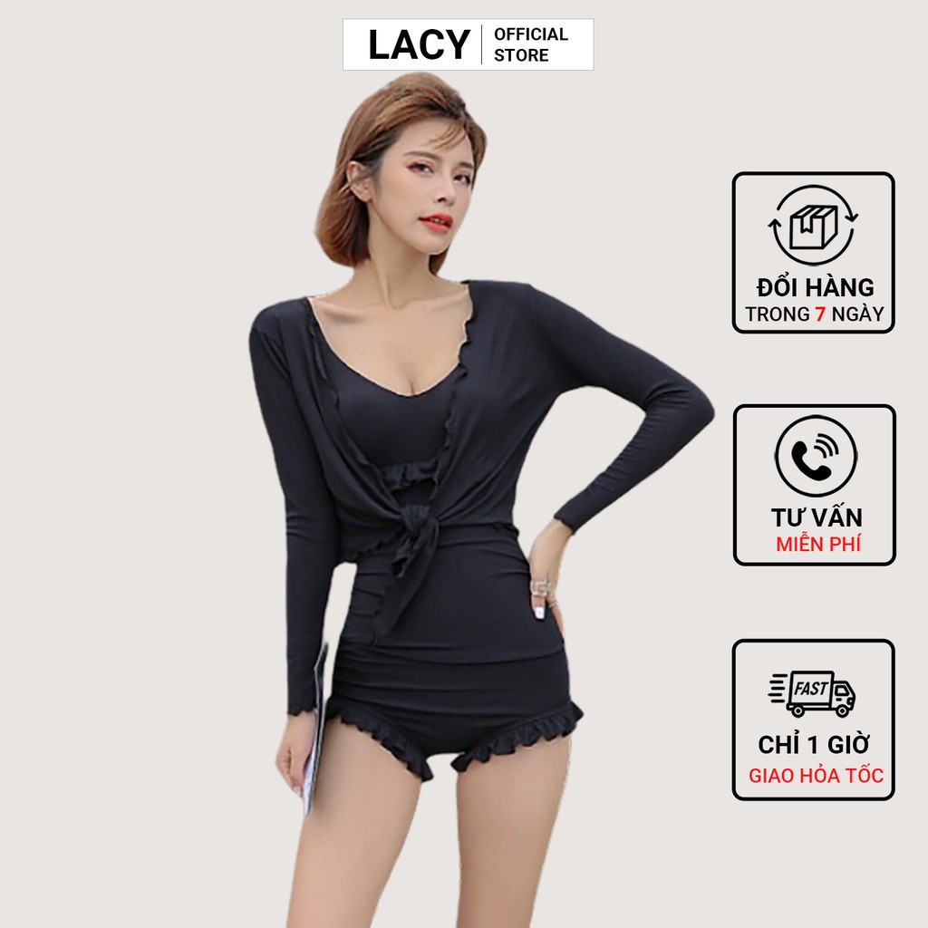 Bikini nữ đi tắm biển set 2 chi tiết bộ bơi liền thân phối viền xếp ly có đệm ngực và áo cardigan khoác ngoài B161 LACY