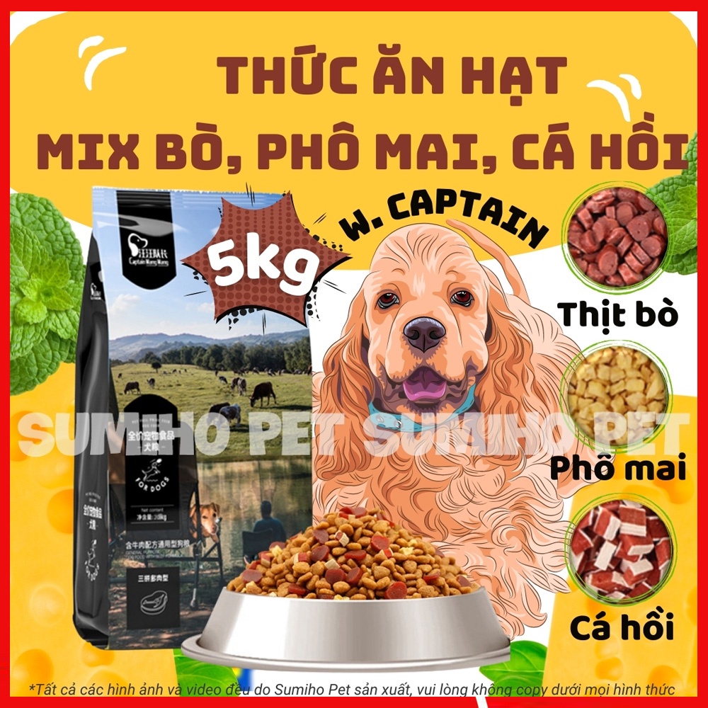 Hạt thức ăn cún cưng Captain (Túi 5Kg) trộn lẫn thịt bò, phô mai, cá hồi, rau củ