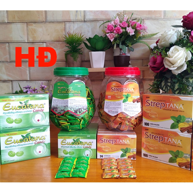 VIÊN KẸO NGẬM HO STREPTANA / EUCATANA VỊ GỪNG QUẾ VÀ BẠC HÀ HỘP 300 VIÊN