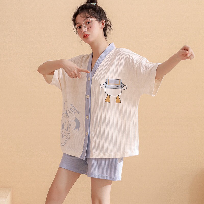 Bộ Đồ Ngủ Kimono Nữ Quần Đùi Áo Ngắn Tay Mùa Hè Đơn Giảm - Pyjama Mặc Nhà Mới Cho Nữ