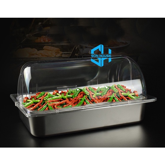 Khay inox hình chữ nhật đựng rau củ, hải sản tươi sống, đồ ăn nấu chín có nắp đậy kín trong suốt cho nhà hàng siêu thị