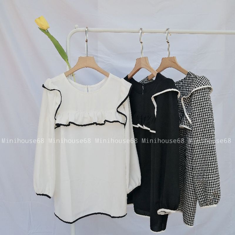 ÁO BBD TRẮNG TAY DÀI BÈO VIỀN ĐEN - ÁO KIỂU CÔNG SỞ NỮ (Ảnh thật shop chụp & clip cận chất vải) | BigBuy360 - bigbuy360.vn