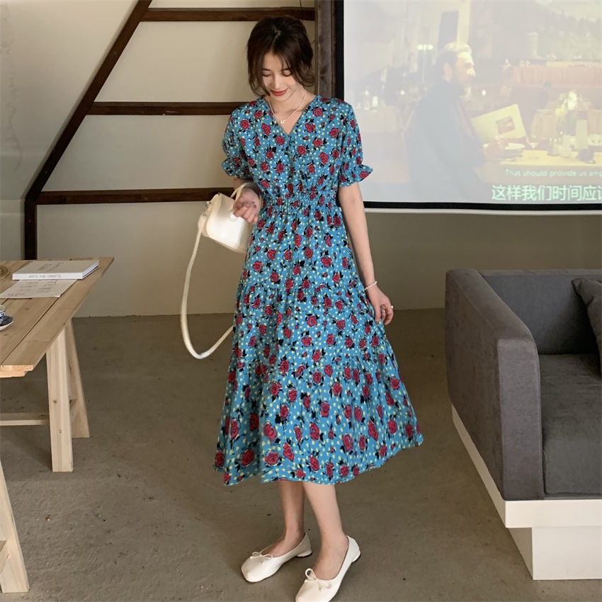 Váy Hoa Cổ Điển 175286 Đầm Dài Qua Gối Cổ Chữ v In Họa Tiết Hoa Thanh Lịch Dành Cho Nữ