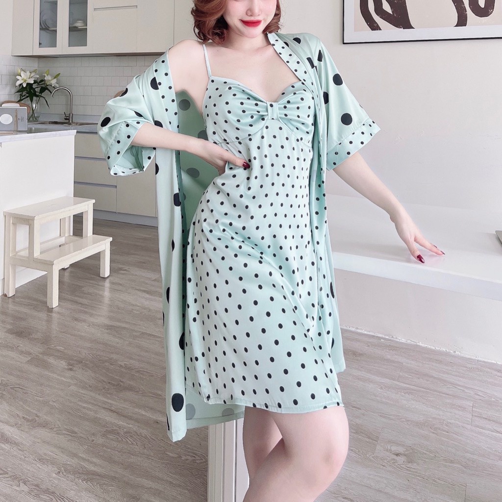 Đồ ngủ nữ cao cấp, áo choàng ngủ họa tiết chấm bi chất lụa Latin mềm mại mịn màng và quyến rũ S90 - Đồ ngủ xinh Vy Linh