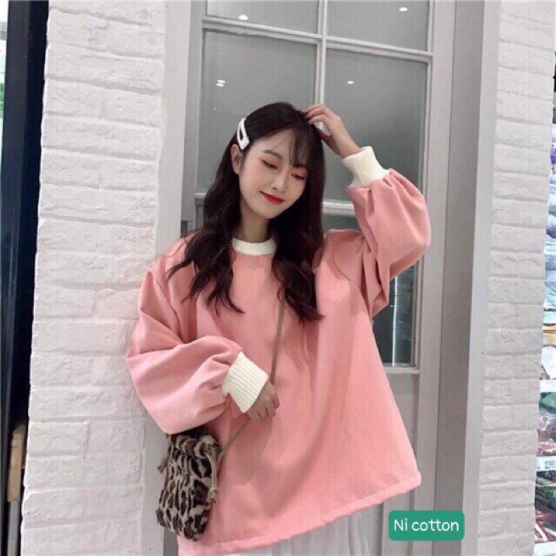 Áo Sweater Nỉ Trơn Basic Bo Viền Tay Phồng , Áo Nỉ Form Rộng Siêu Xinh