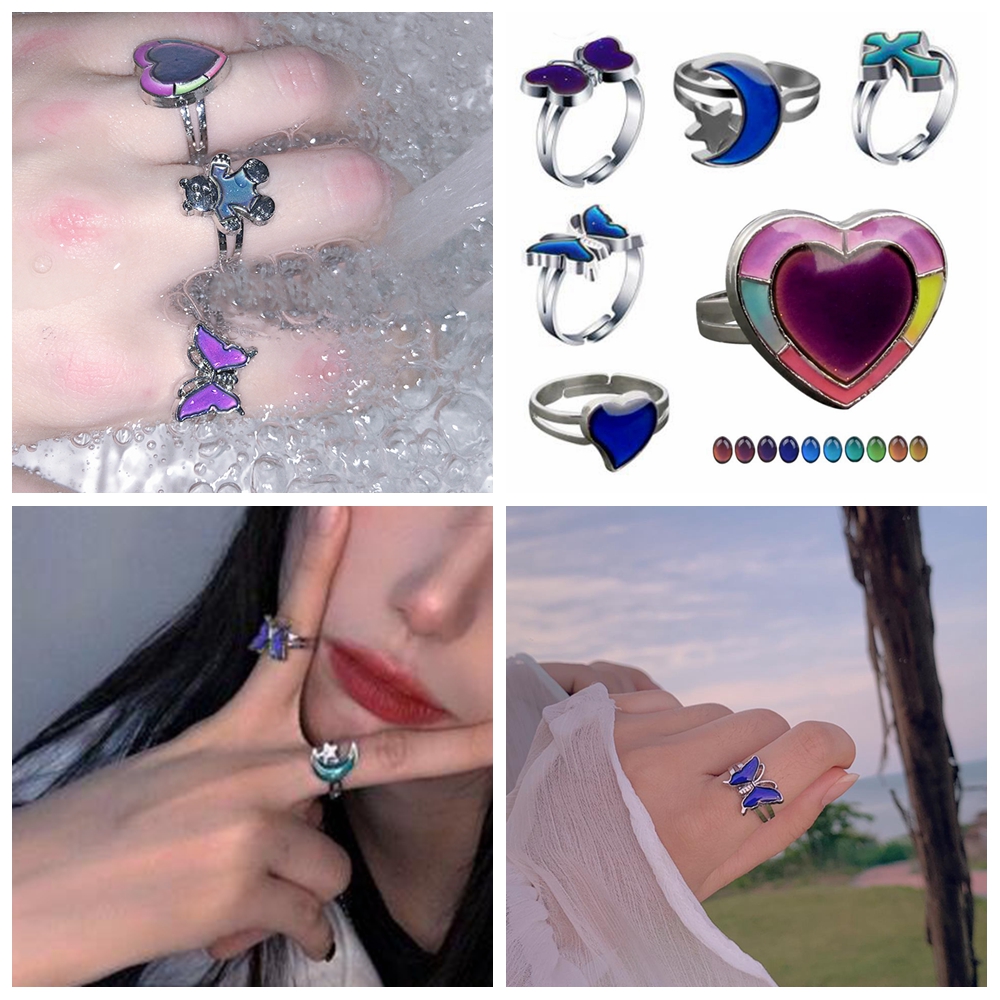 (Hàng Mới Về) Nhẫn Đổi Màu Theo Nhiệt Độ Họa Tiết Bướm / Trái Tim 6 Kiểu Thời Trang