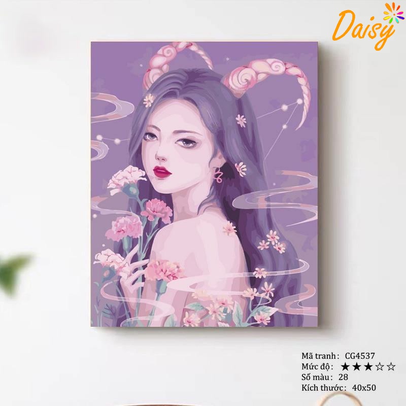 Tranh tô màu theo số DAISY, Tranh cung hoàng đạo cô gái Ma Kết CG4537 lọ màu to 5ml + 2 bộ cọ + khung 2.5cm + sơn bóng
