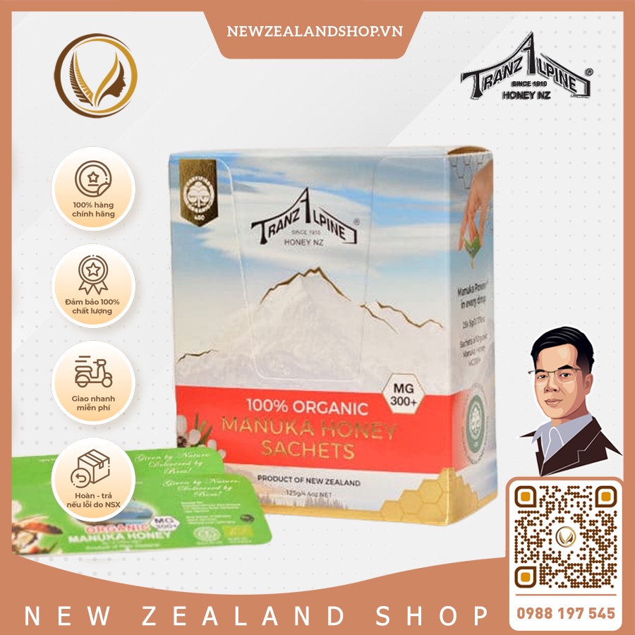 mật ong nguyên chất 100% organic manuka honey sachets MG300+ (25 tép) mật ong hữu cơ hoa manuka new zealand