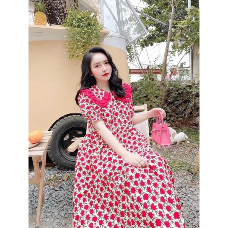 Đầm hoa nhí cổ bèo tầng viền màu Váy babydoll xòe ngắn tay