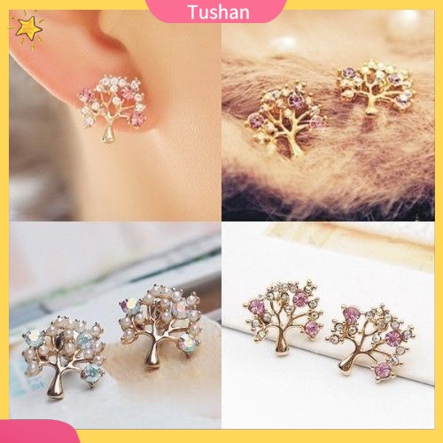 Bông tai hình cây đính đá và ngọc trai giả dễ thương