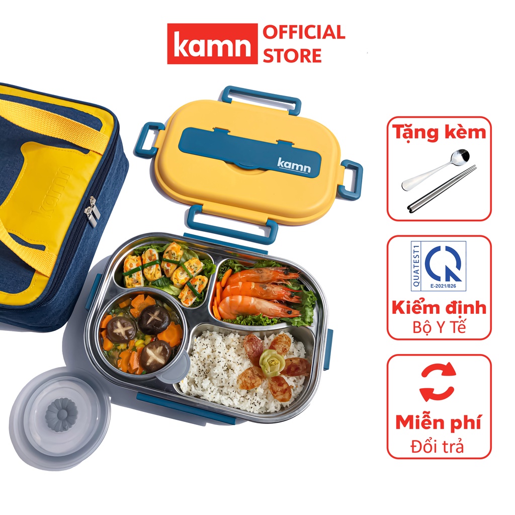 Hộp đựng cơm văn phòng giữ nhiệt Yummy Kamn inox 304 - 1500ml, 4 ngăn chống tràn, 4 màu hiện đại, hâm nóng đơn giản